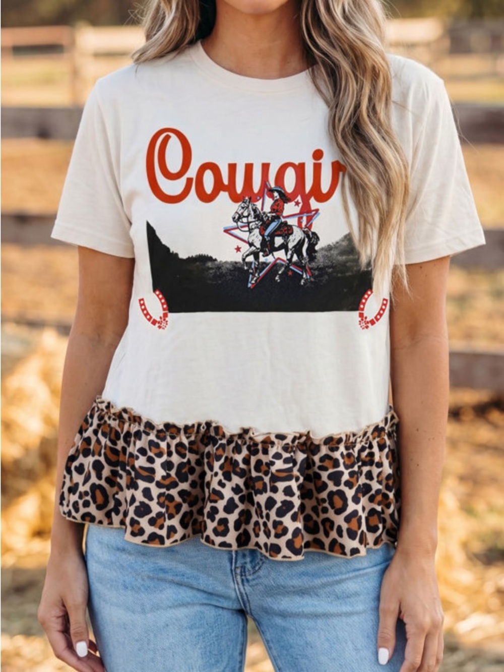 1211. Retro cotton Cowgirl leopard print ruffle trim short sleeve T-Shirt - Picture 2 of 5